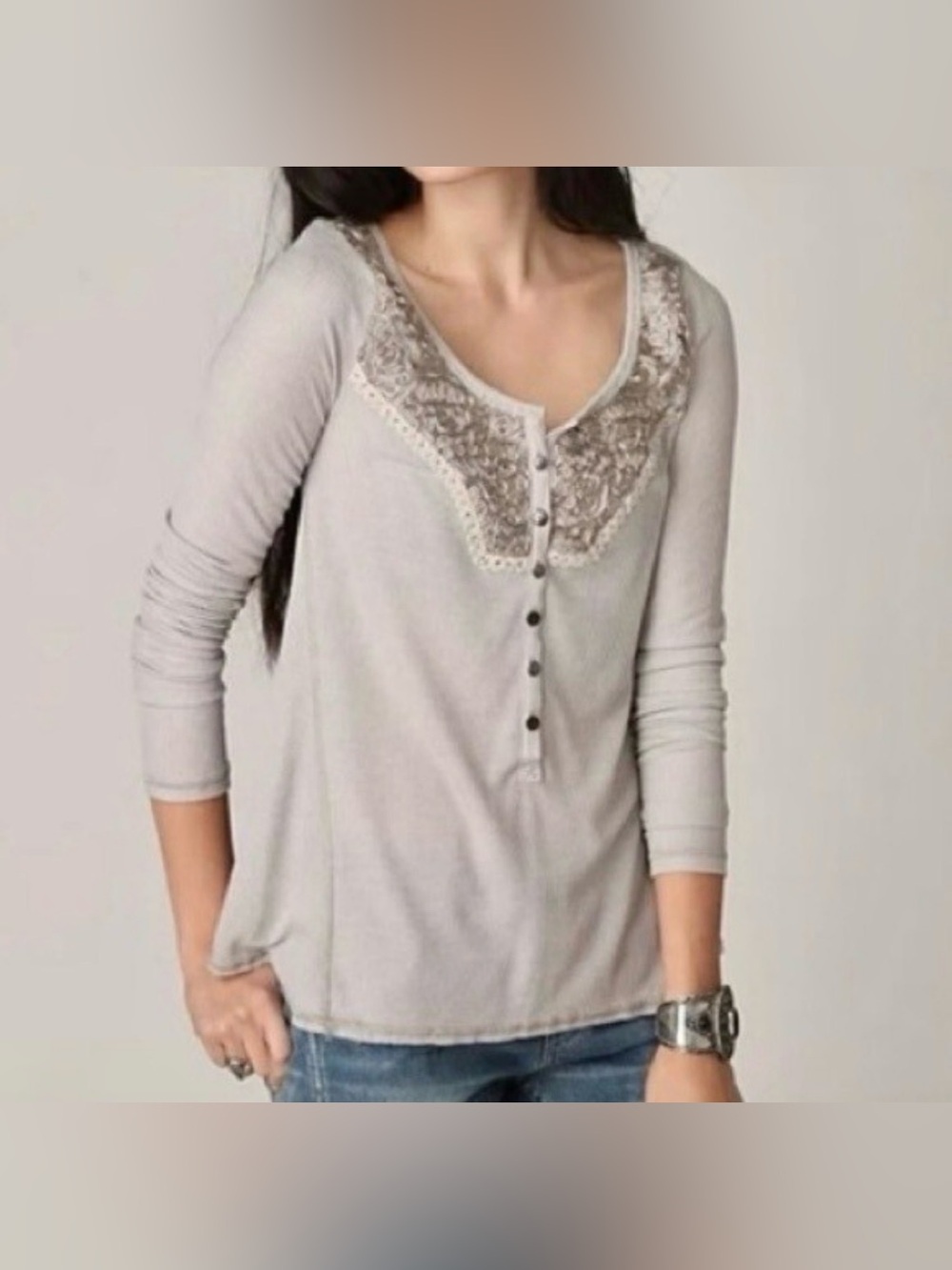Free People Diego Fuzzy Yarn Yoke Thermal Light Gray Button-Front Size Small